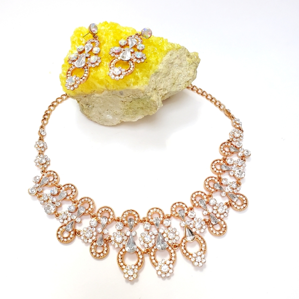 RHINESTONE Crystal Necklace & Chandelier Earrings Suite Set XL Wedding